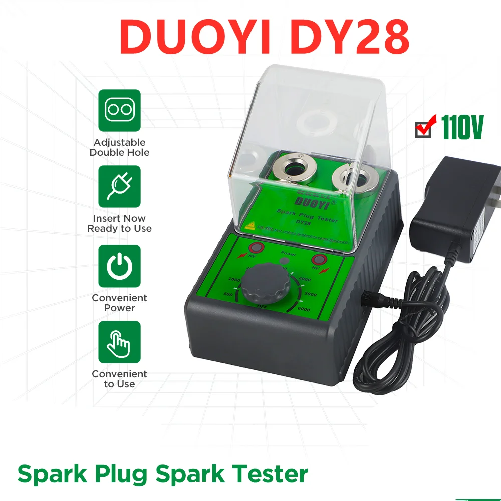 

DUOYI DY28 Car Spark Plug Tester Ignition Tools 110V-220V Double Hole Wiring Lgnition Spark Plug Analyzer 1000rpm to 6000rpm/min
