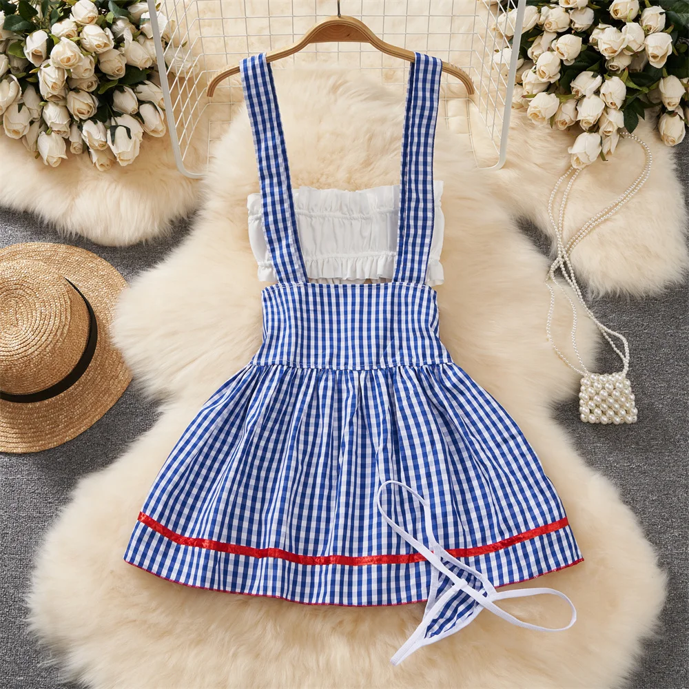 Ruffle Bow Crop Top Kawaii Plaid Short Skirt Japanese Sweet Cute Strap Skirt Set Sexy Girl's Lingerie Women's Secret Clothes