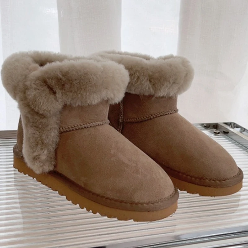 

New Top Winter Warm Women's Hairy Ankle Flat Real Leather Sheep Fur Casual Fashion Short Mini Snow Boot