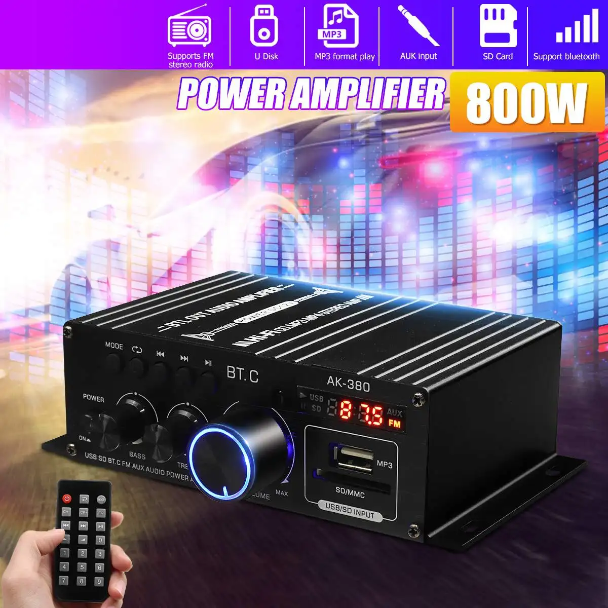 AK35 AK380 800W Home Power Amplifiers 2 Channel Bluetooth 5.0 Surround Sound FM USB Remote Control Mini HIFI Digital Amplifier