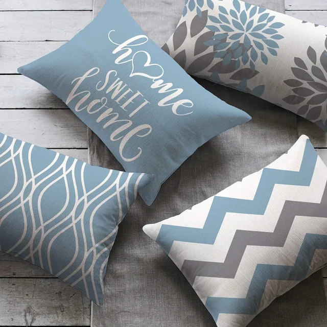 Lake Blue & White Geometric Linen Pillowcase – Customizable Sofa Cushion Cover 4