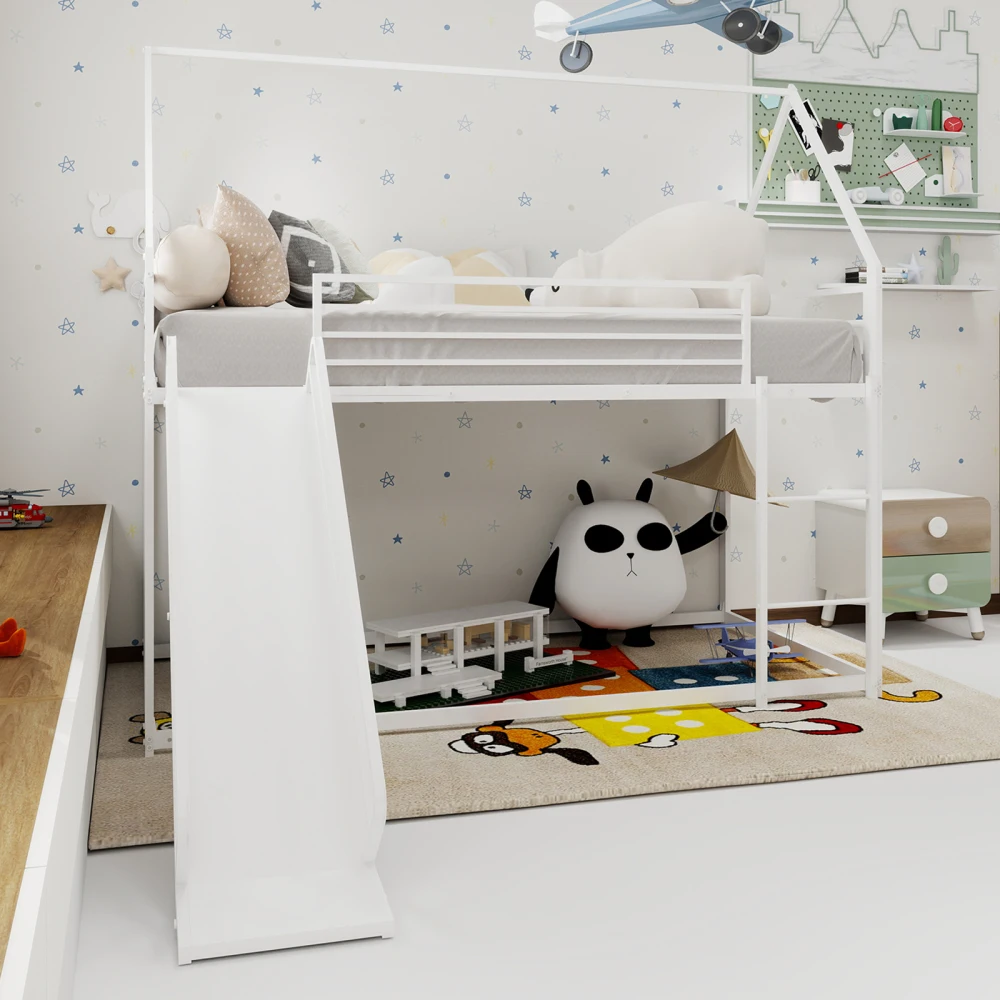 90 x 190 cm großes Etagenbett über zwei Personen mit Rutsche für Kinderzimmer, hausförmiger Bettrahmen mit Leiter, kein Boxspringbett erforderlich und einfach zu installieren – Detail 23