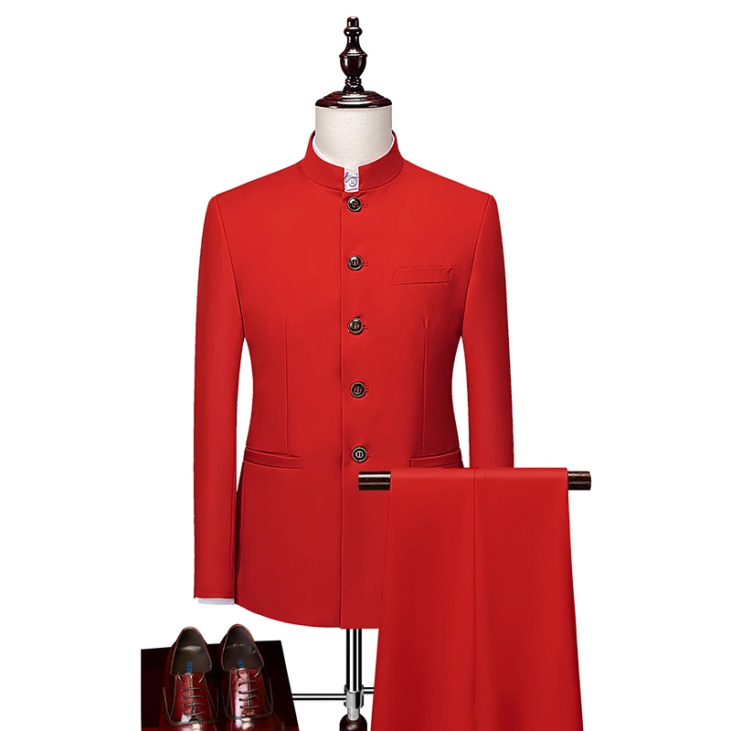 Men's Casual Business Suit Stylish Standing Collar Zhongshan Two-Piece Set Handsome Trendy Suit And Trousers Ensemble
