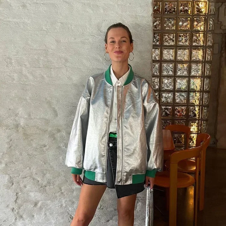 Sliver Pu Leather Jackets for Women Winter Stand Collar Long Sleeve Jacket Streetwear Patchwork Zip Coat Female