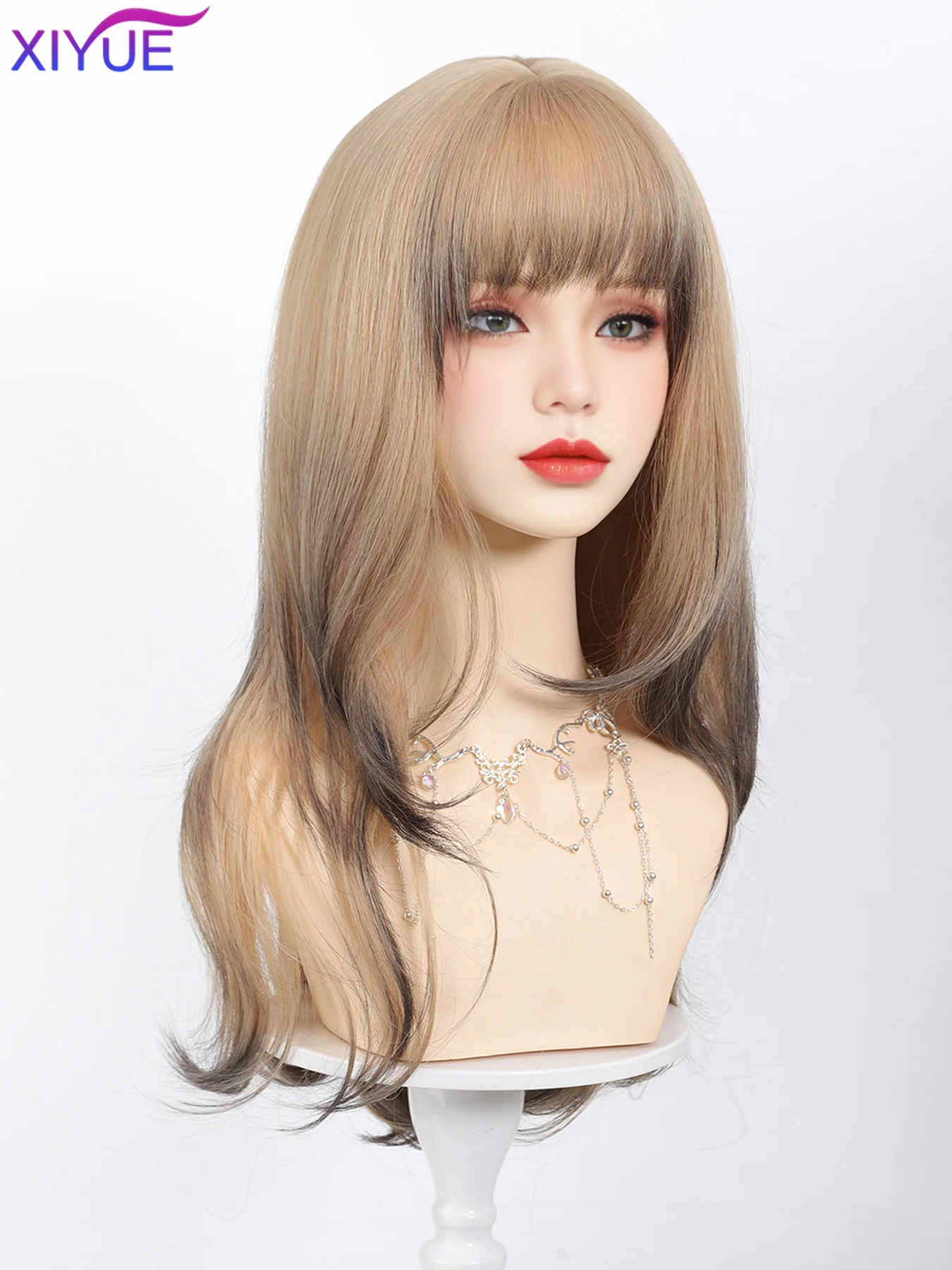 Platinum Blonde Ombre Long Synthetic Wigs with Bangs Straight Layered Cosplay Party Wigs for Women Natural Hair Heat Resistant