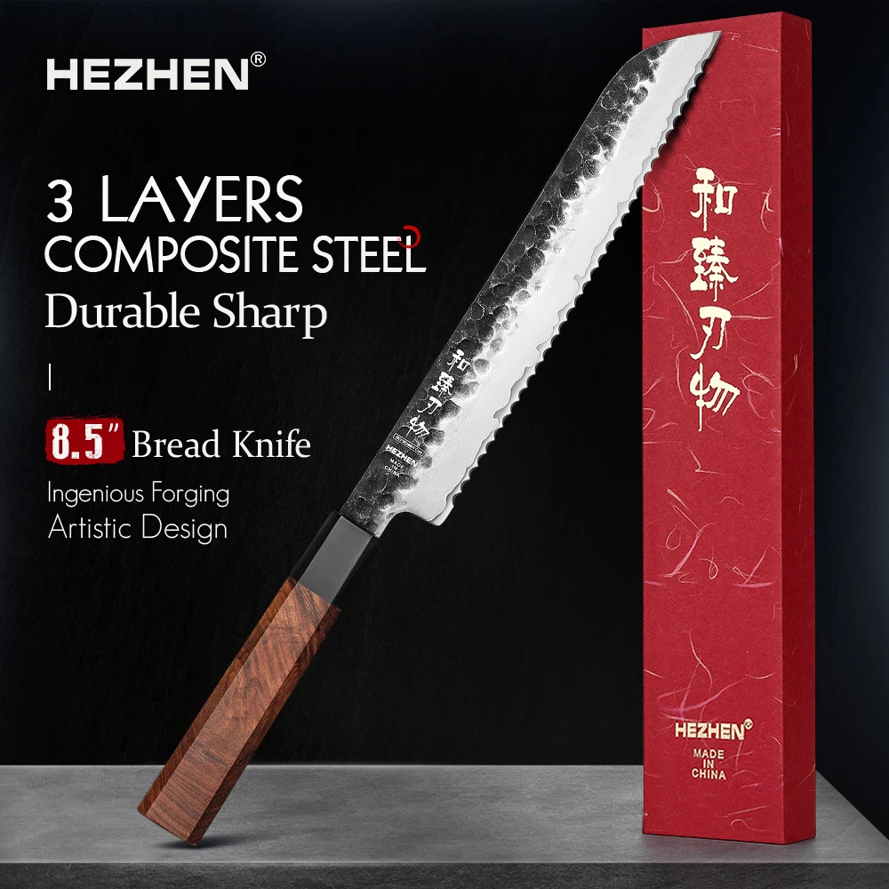 

HEZHEN Ретро Серия 8,5 нож для хлеба трехслойная композитная сталь нержавеющая сталь красная деревянная ручка кухонные ножи для готовки