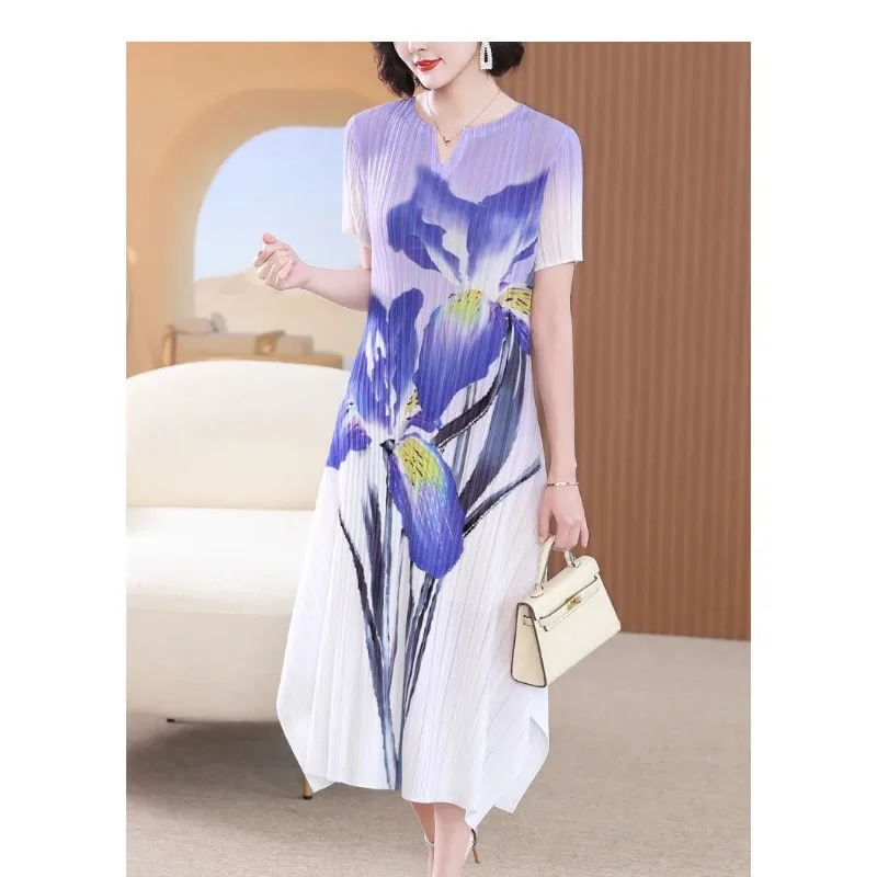 

GGHK Miyake Pleated Printed Women Dresses Summer Fashion V-Neck Design Loose Plus Size A-Line Luxury Evening Dresses