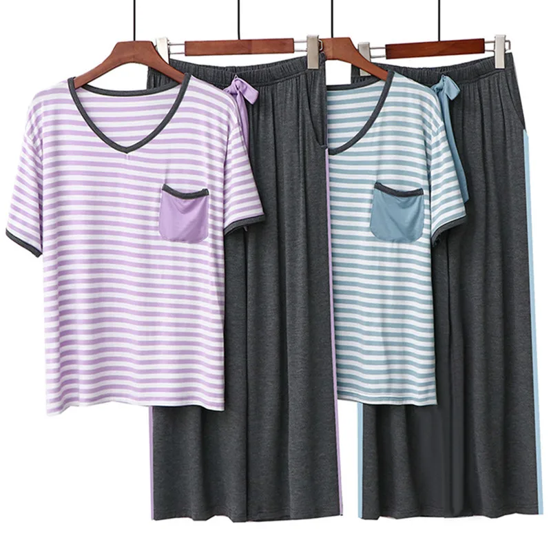 

Summer Knitted Modal Two Piece Short Sleeved Women Pajamas Sets Ladies Sleepwear Pyjamas Striped Casual Pijamas De Mujer