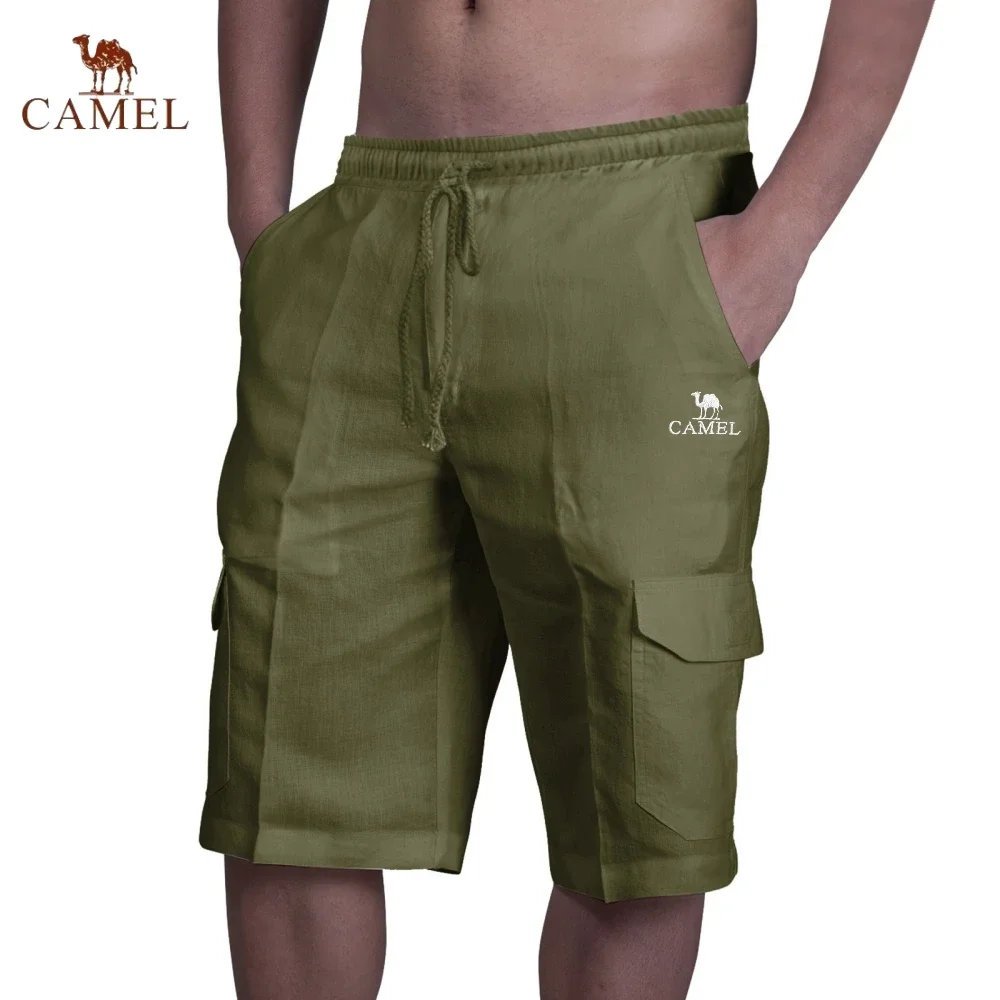 New Embroidered CAMEL Pure Cotton Linen Work Shorts Summer Men's Fashion Casual Multi Pocket Breathable Beach Swimming Pants