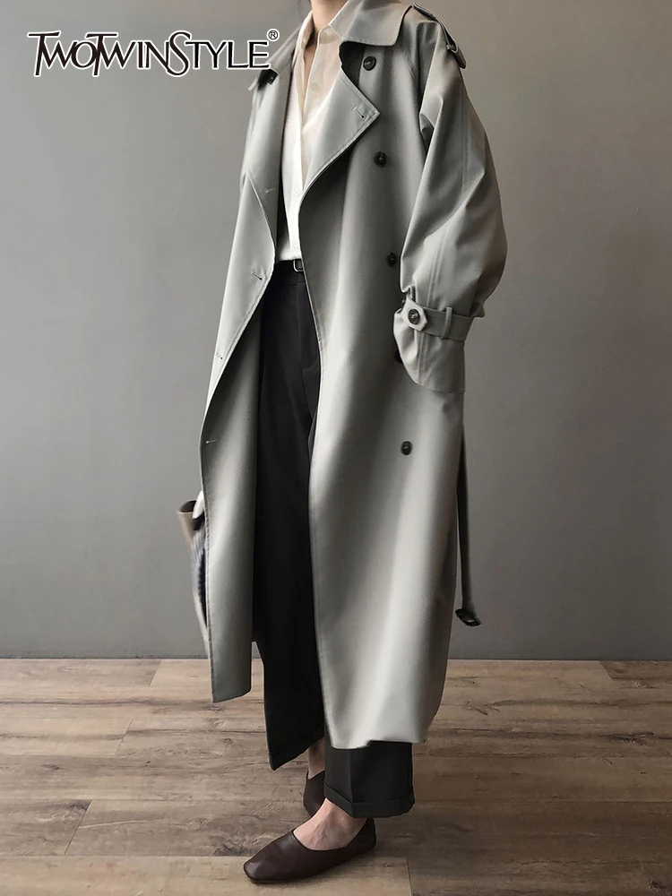 

TWOTWINSTYLE Solid Spliced Lace Up Trenches For Women Lapel Long Sleeve Patchwork Double Breasted Elegant Trench Female Clothing