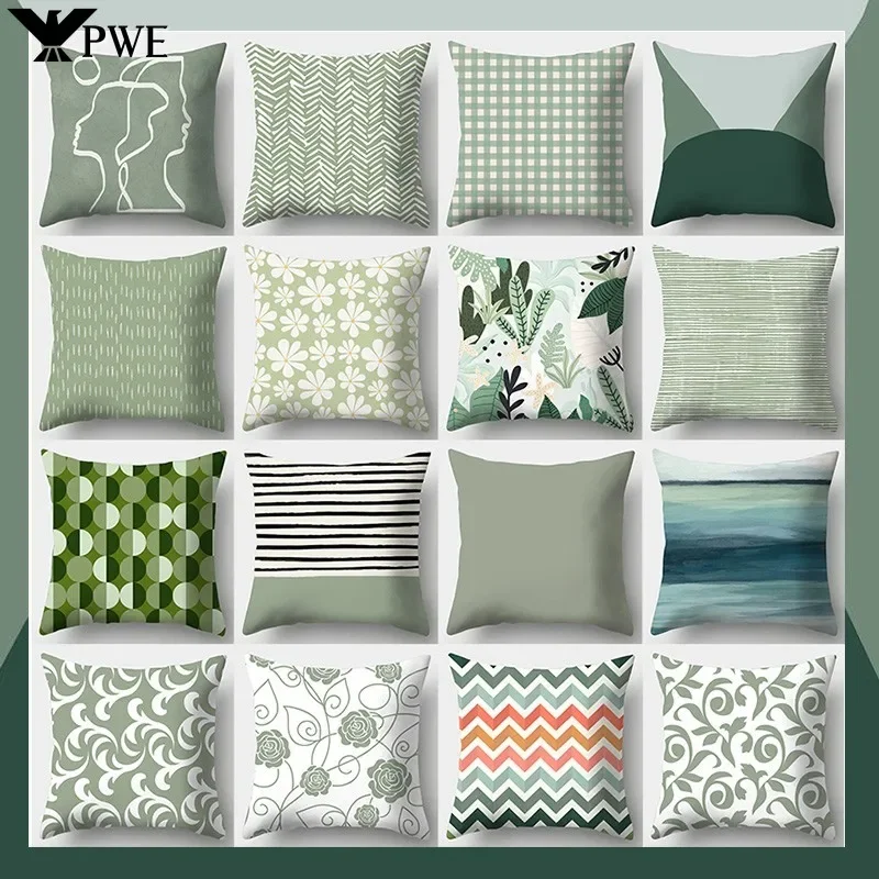 

Avocado Green Pillowcase Square Sofa Pillowcase Plaid Plant Print Cushion Cover