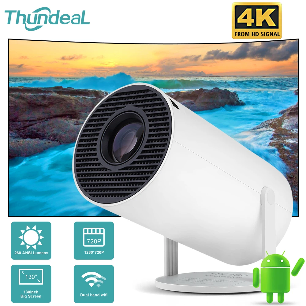 ThundeaL-Mini Projetor Inteligente Portátil, 4K, Android 11, HY300, Dual WiFi, 6, 260ANSI, H713, BT5.0, 720P, Cinema em casa, ao ar livre