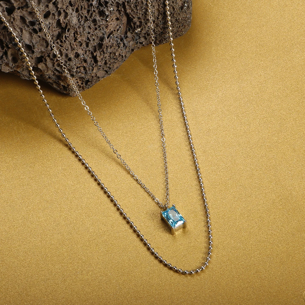 

Silver Color Stainless Steal Simple Blue Pendant Zircon Necklace For Women Double Chain Necklace Lady Jewelry Gift