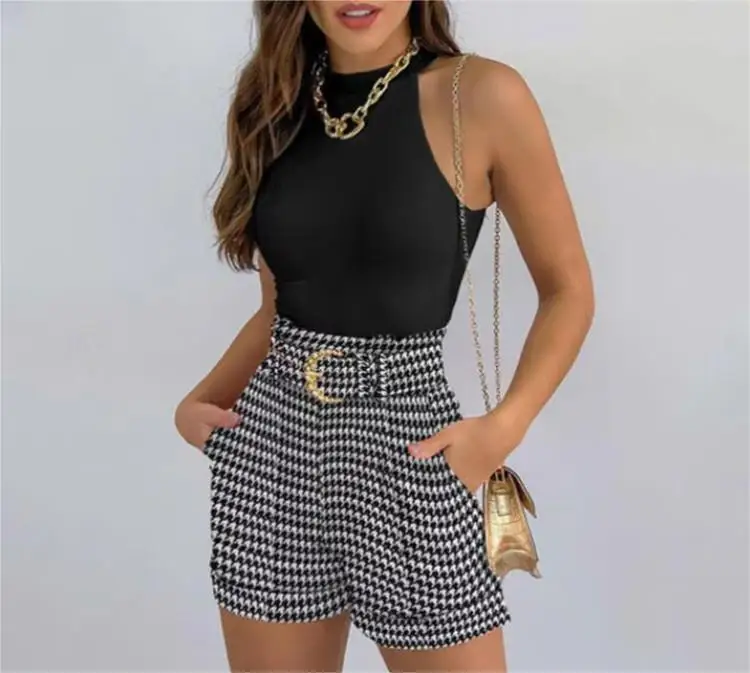 2024 Solid Sleeveless Tank Tops & Pocket Design Floral Print Belted Shorts Set Women Fashion Vest Top Tracksuit Two Piece Set