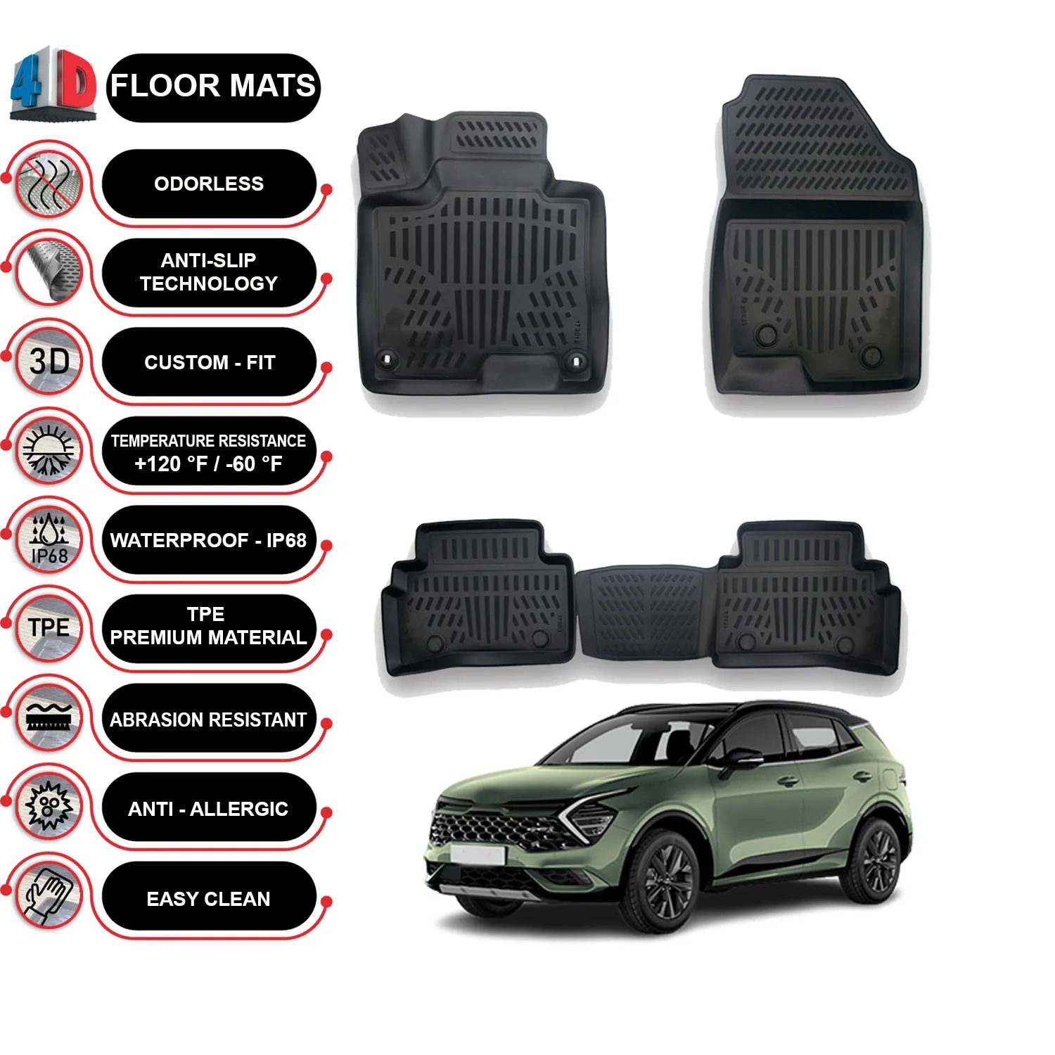 

Kia Sportage - (2022-2023) Floor Mats Liner Waterproof 3D - (Black)