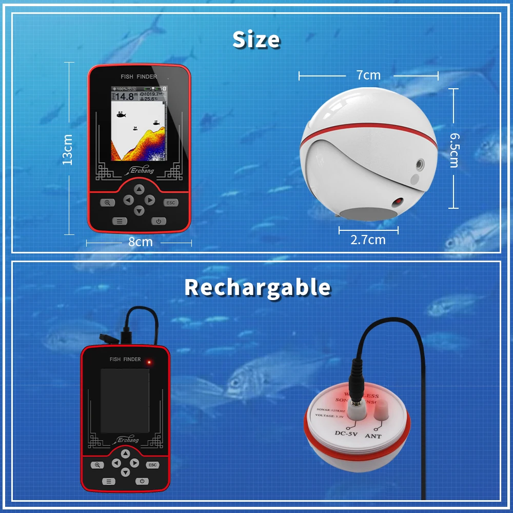 Erchang Wireless Fish Finder Rechargeable Sensor 60M Water Depth Echo Sounder Fishing Portable FishFinder