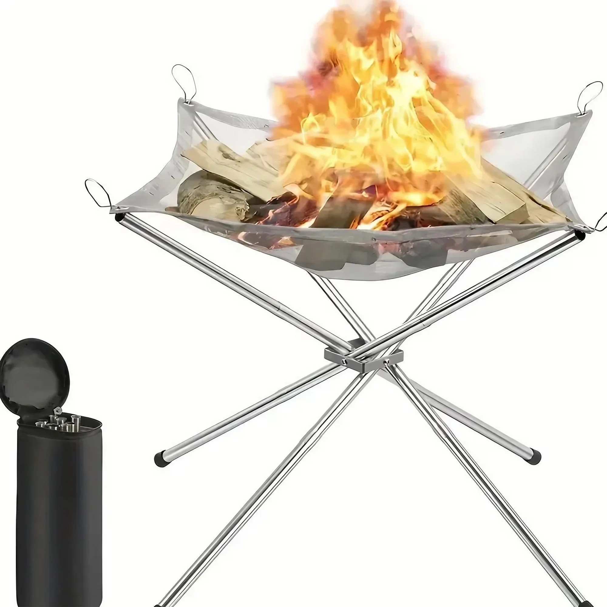 Folding Portable Steel Mesh Camping Fire Pit, Outdoor Wood Burning Bonfires Rack, Stainless Steel Fire Pit, with Carrying Bag