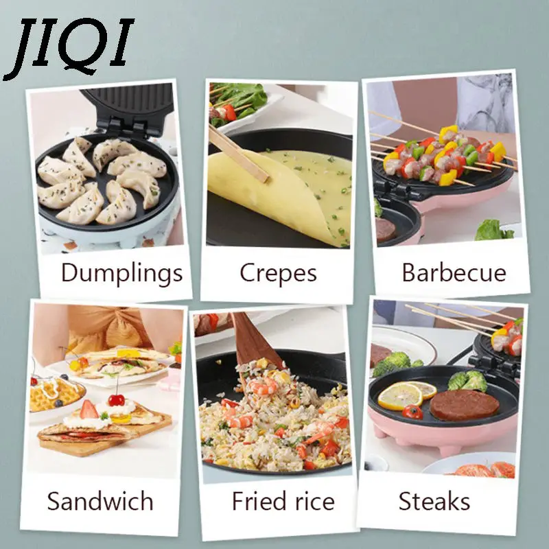 JIQI Household Electric Skillet Crepe Pancake Maker Double Side Heating Automatic Pizza making Machine Portable BBQ Frying Pan 6