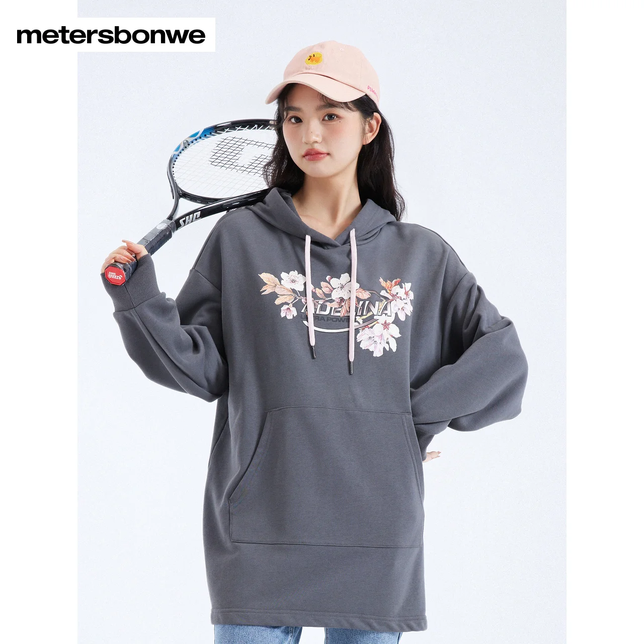 Metersbonwe Women's Flower Printed Hoodies Loose Casual Off-Shoulder Pullover With Hooded Spring Autumn Warm Large Pockets Tops