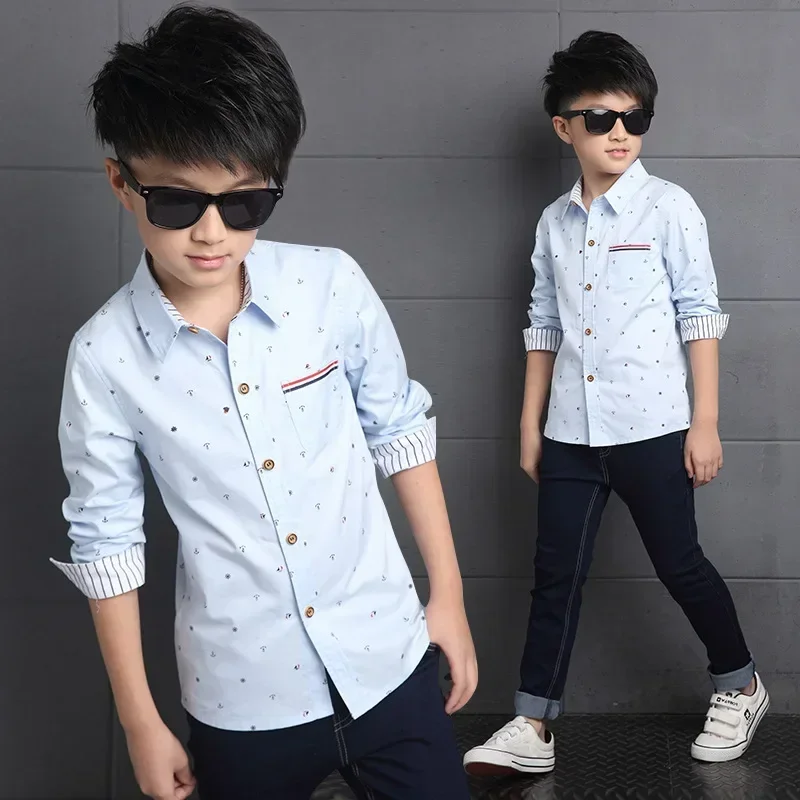 New Spring Autumn Long Sleeve Boys Blouses Breathable 100% Cotton Kids Children Shirts 5-15 Years Kids Shirts Boys