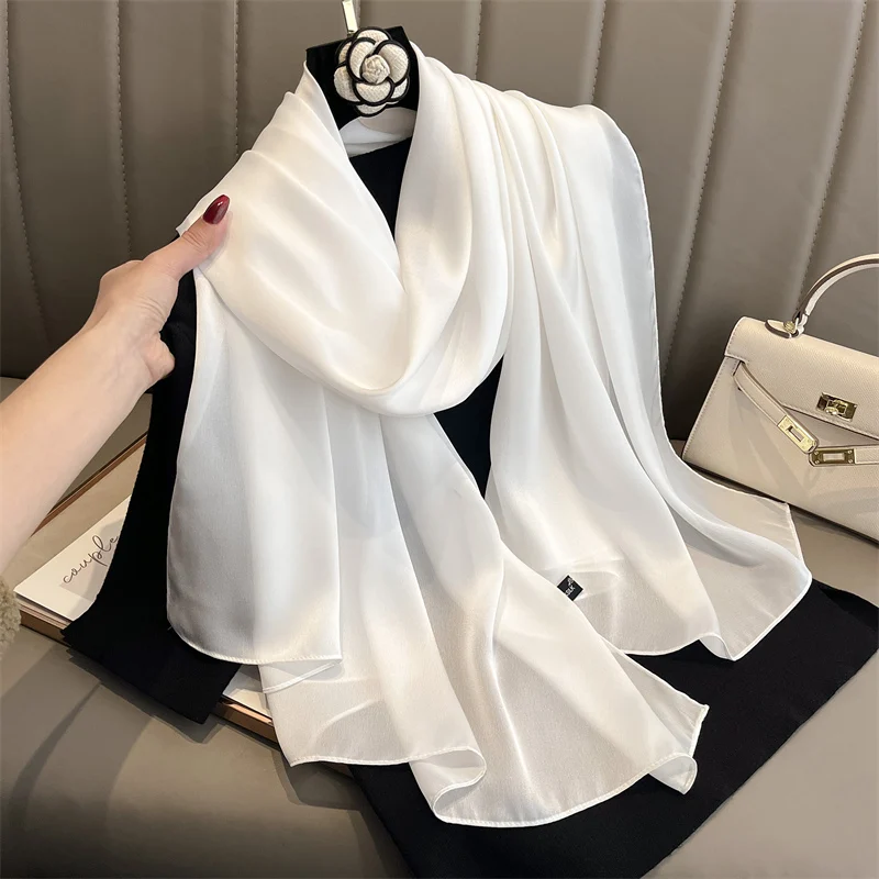 

Luxury Silk Scarf 90*180cm Women Solid Color Soft Smooth Scarves Head Wrap Hijab Outdoors Muffler Long Shawl Beach Towel Fashion