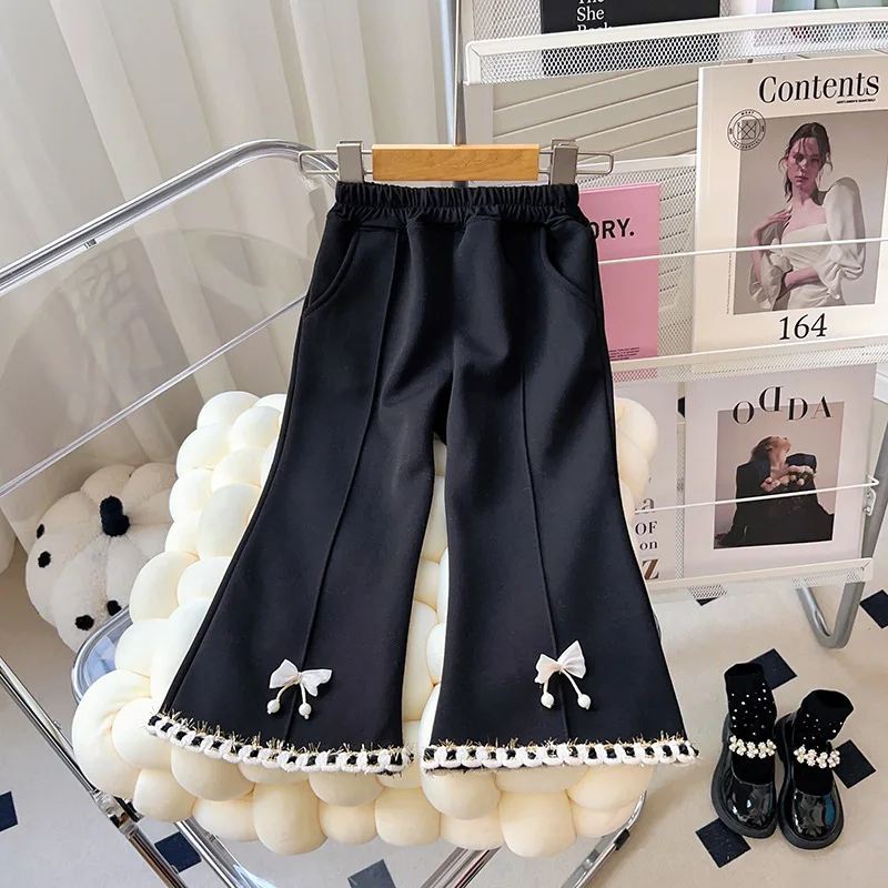 

2024 new girls' pants temperament girl baby foreign style children's fashion small fragrance plus fleece wide-leg flare pants