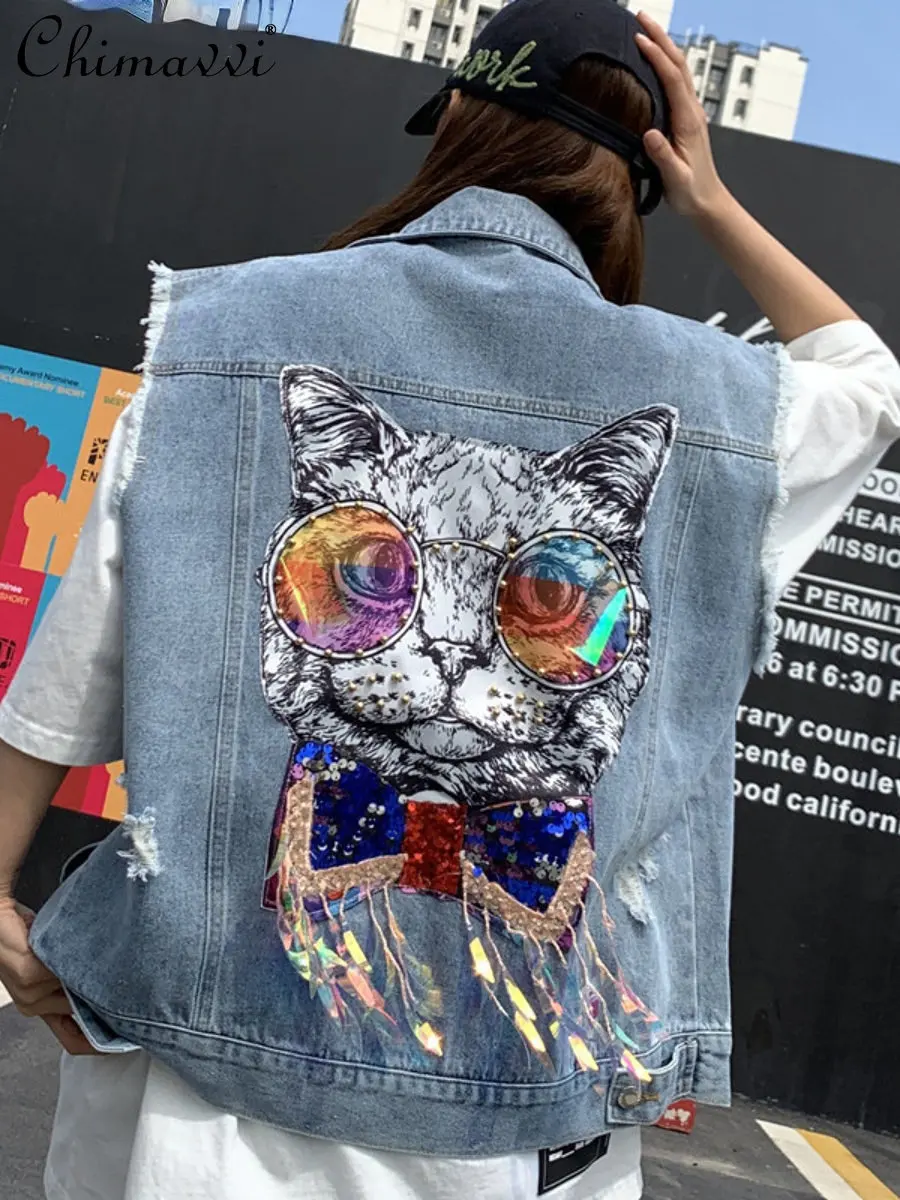 

Fashion Brand Cartoon Lapel Vest Top 2023 Spring and Autumn Coat Cat Printing Sequined Ripped Sleeveless Denim Jacket Waistcoat