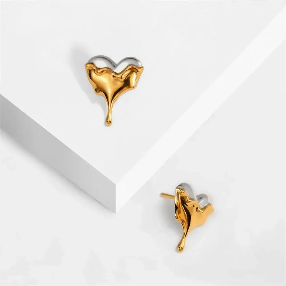 Polished Lava Textured Heart Dripping Droplet Mini Ear Studs Quality Gold Plated Geometric Non Tarnish Earrings Chic Jewelry New