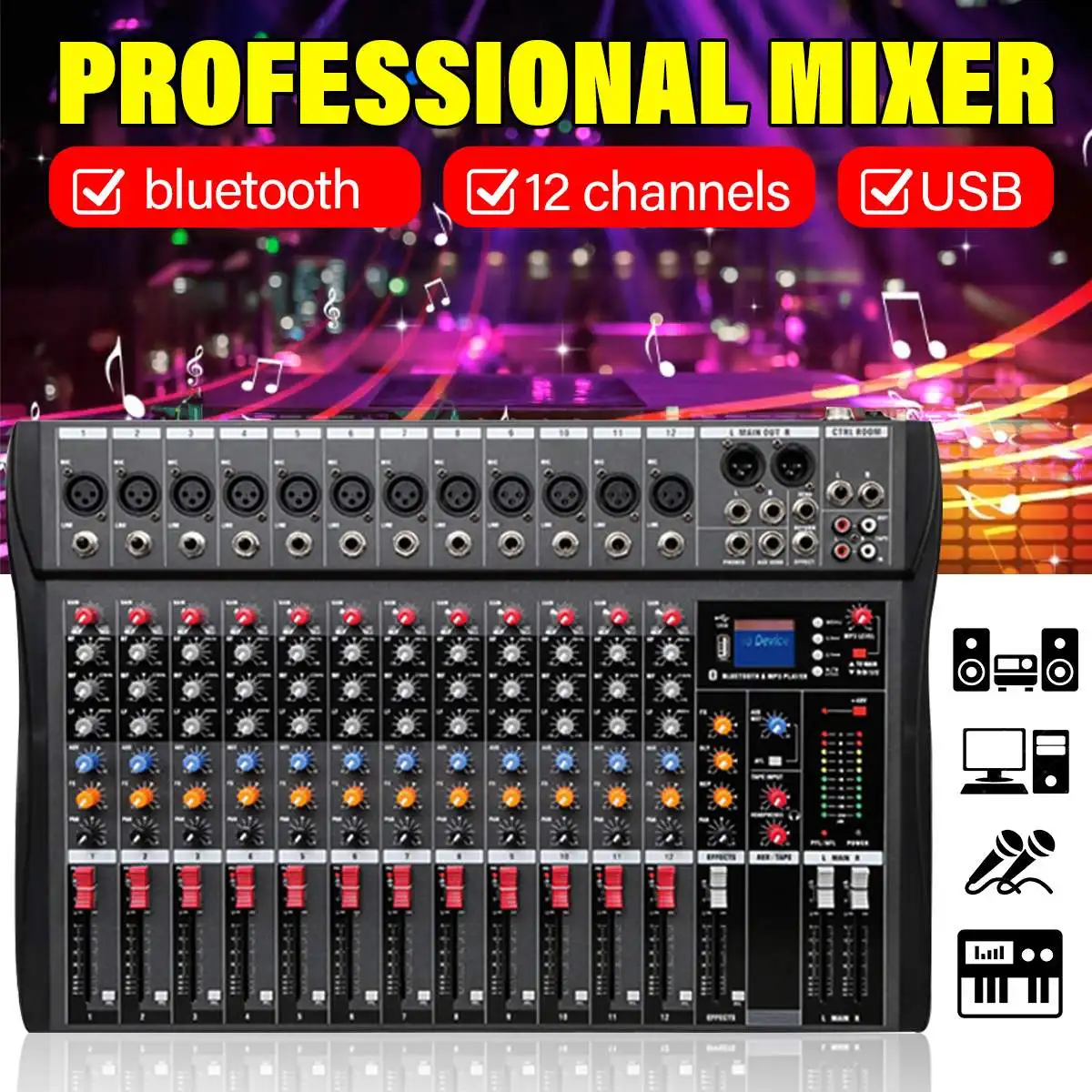 12 Channels Live Studio Audio Mixer DJ Mixer Board 48V Amplifier