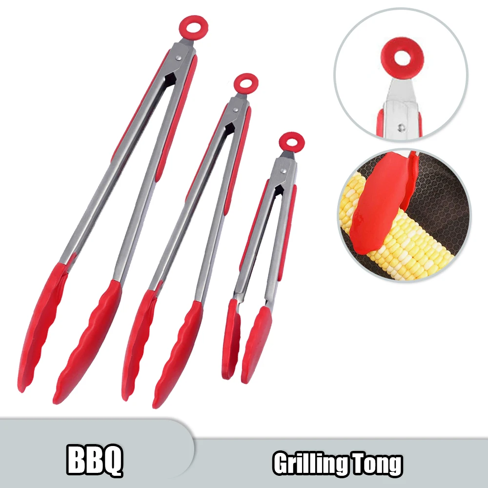 StainlessSteelGrillingTongKitchenCookingSaladBreadSiliconeBBQ