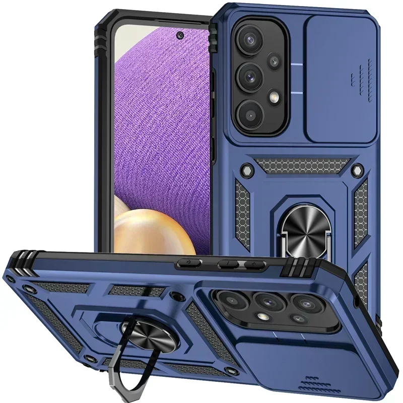 Military Grade Shockproof Phone Case with Slide Camera Lens Cover & Holder Ring Stand
