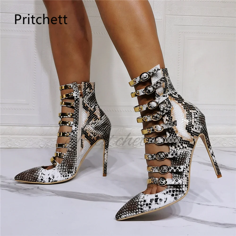 

Snake Pattern Belt Buckle Stiletto Women's Boots with Heels Pointed Toe Hollow High Heeled Sandals Summer Club Nightclub Shoes