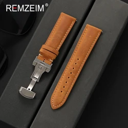 Men's Premium Crazy Horse Leather Watch Band with Quick Release Butterfly Clasp - 22mm (Light Brown)