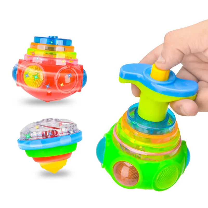 UFO Flashing spinning top toy Kids Gyro Light Up Piggy LED Music Gyroscope Launcher Rotating Toys Fun Birthday Party Favors