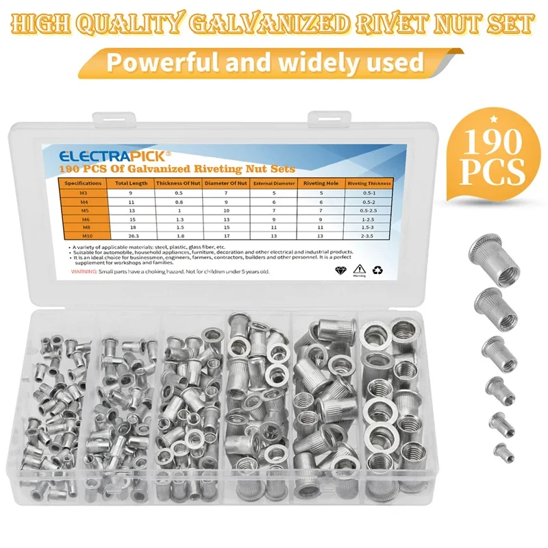 Aluminum Rivetnuts Blind Set Nutserts Threaded Insert Nuts 190/93pcs M3 M4 M5 M6 M8 M10