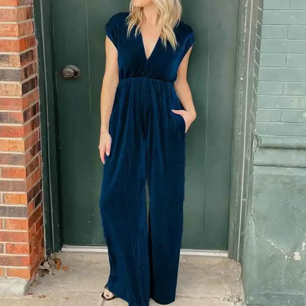 

Women Wide-leg Jumpsuit Stylish Women's Summer Jumpsuit with Short Sleeve Wide Leg V-neck Design High Waist for A for Any
