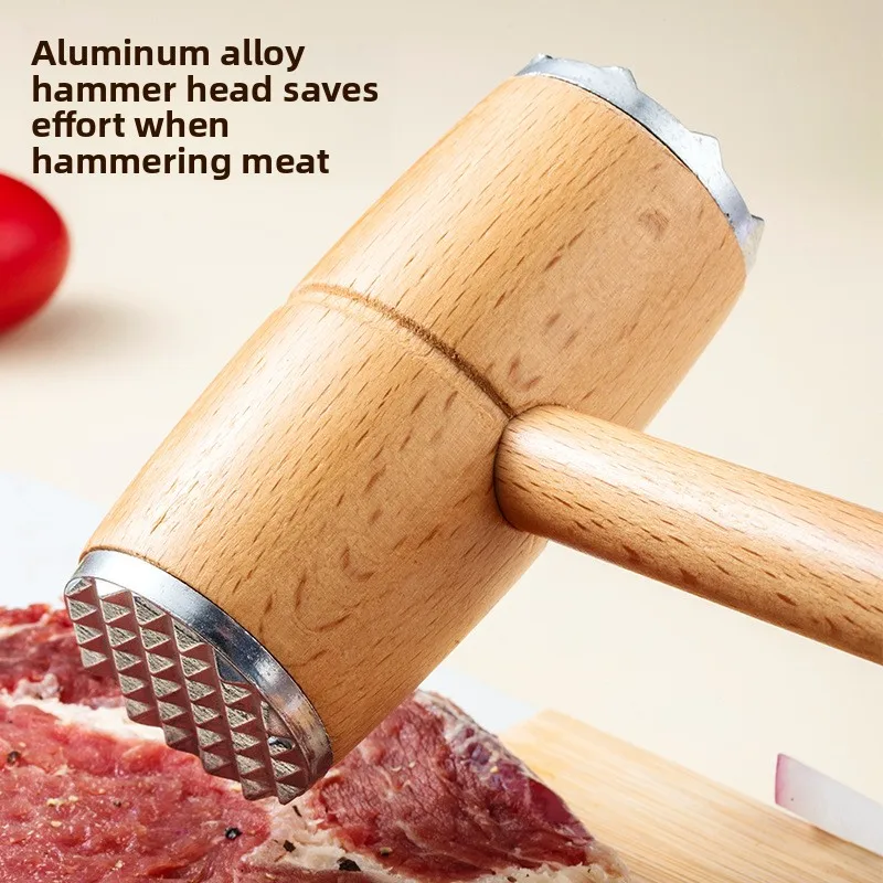 Double Sided Metal Meat Hammer with Wooden Handle Tender Meat Nuts Cucumber Multifunctional Cooking Pickled Hammer Kitchen Tools
