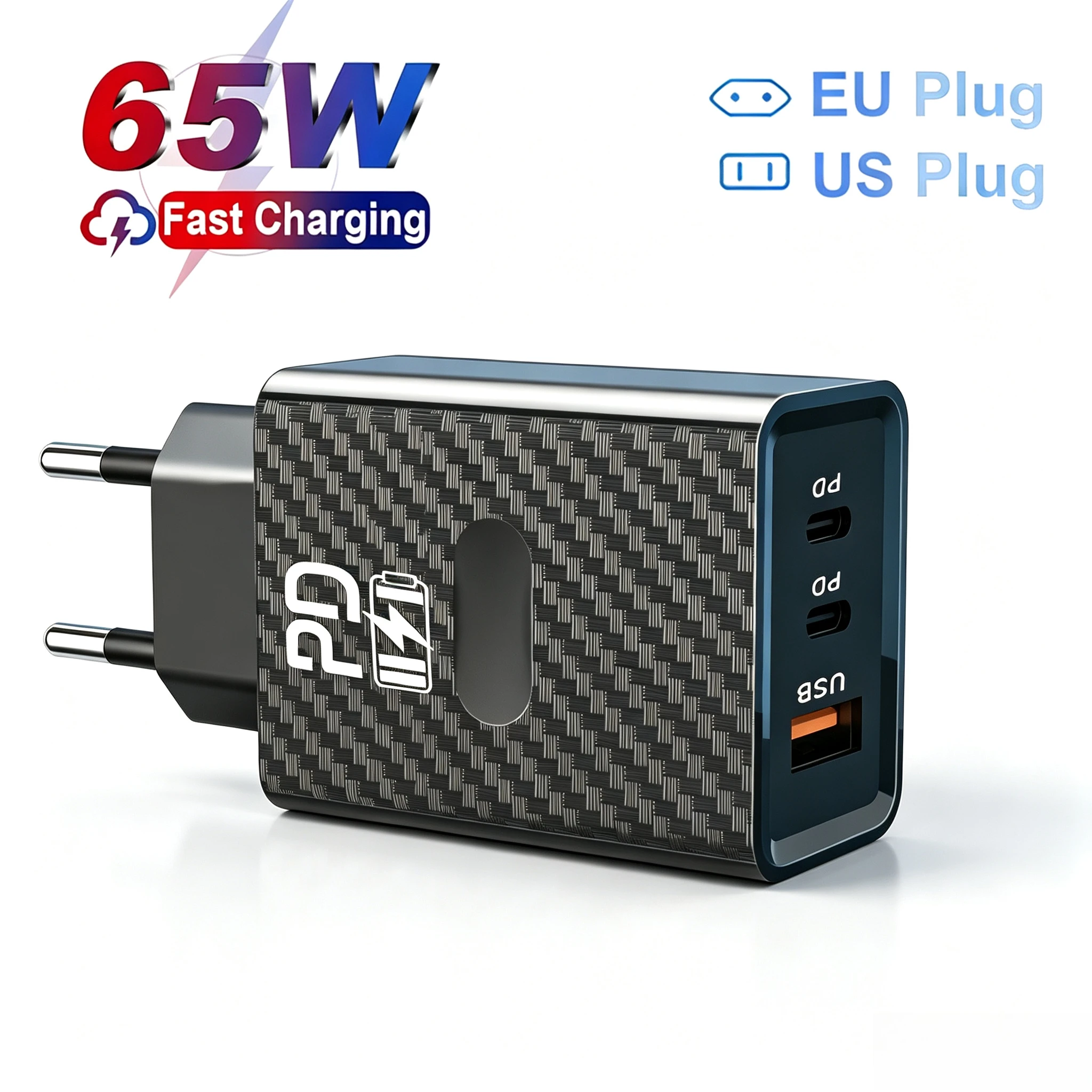 Caricatore USB-C da 65W, caricatore rapido per telefono, adattatore di tipo C per iPhone, Samsung, Xiaomi, caricatore da parete con spina EU/US