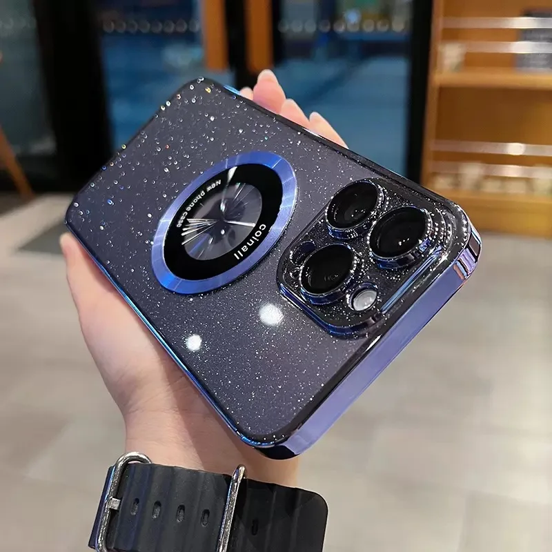 

Luxurious transparent electroplating glitter magnet for iPhone 11 12 13 14 Pro Max Plus Hard case