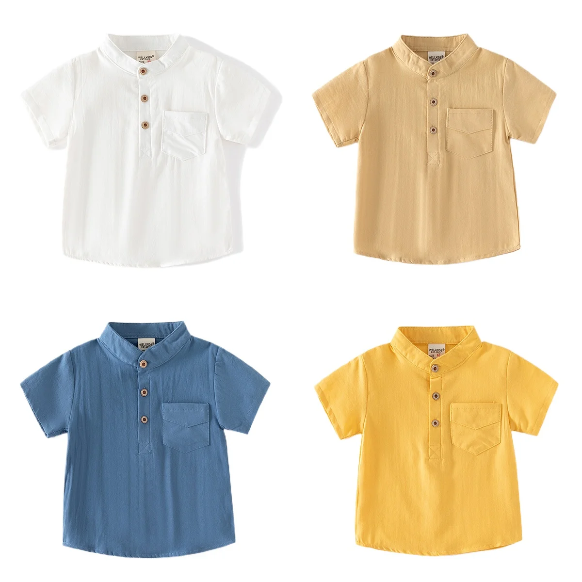 Summer New Fashion Boys' Solid Color Short-Sleeve Shirt, Casual Pure Cotton Stand Collar Top for Kids, Ages 3-8, 4 Colors