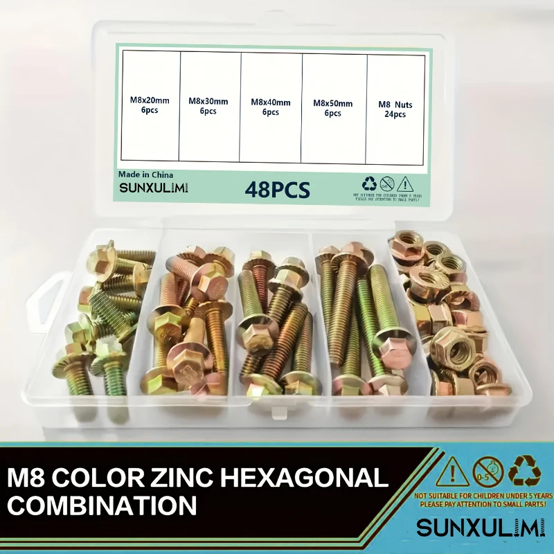 48피스 M8 컬러 아연 플랜지 볼트 및 너트 세트, 고품질, DIY 수리용 패스너, 볼트 및 너트