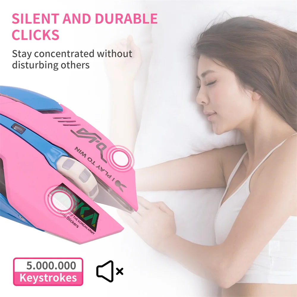 충전식 무선 무소음 마우스, 빛나는 DVA 컴퓨터 게이밍 마우스, PC 노트북 컴퓨터용 2400DPI, RGB 라이트