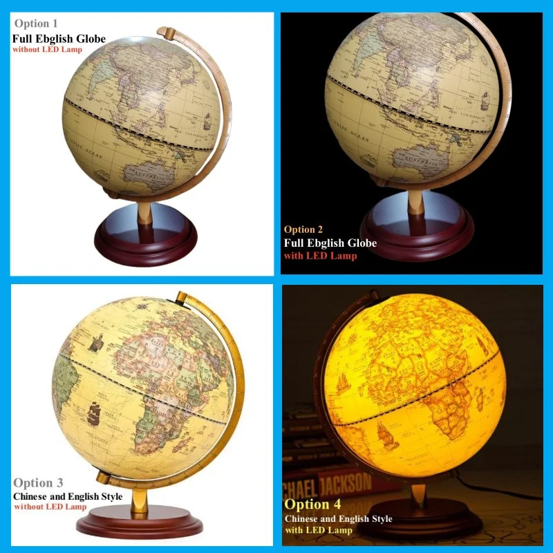 Sphere Diameter 20cm English&Chinese World Globe HD Printed LED Lamp Classical Globe Redwood Base ABS 360&deg; Living Room Crafts