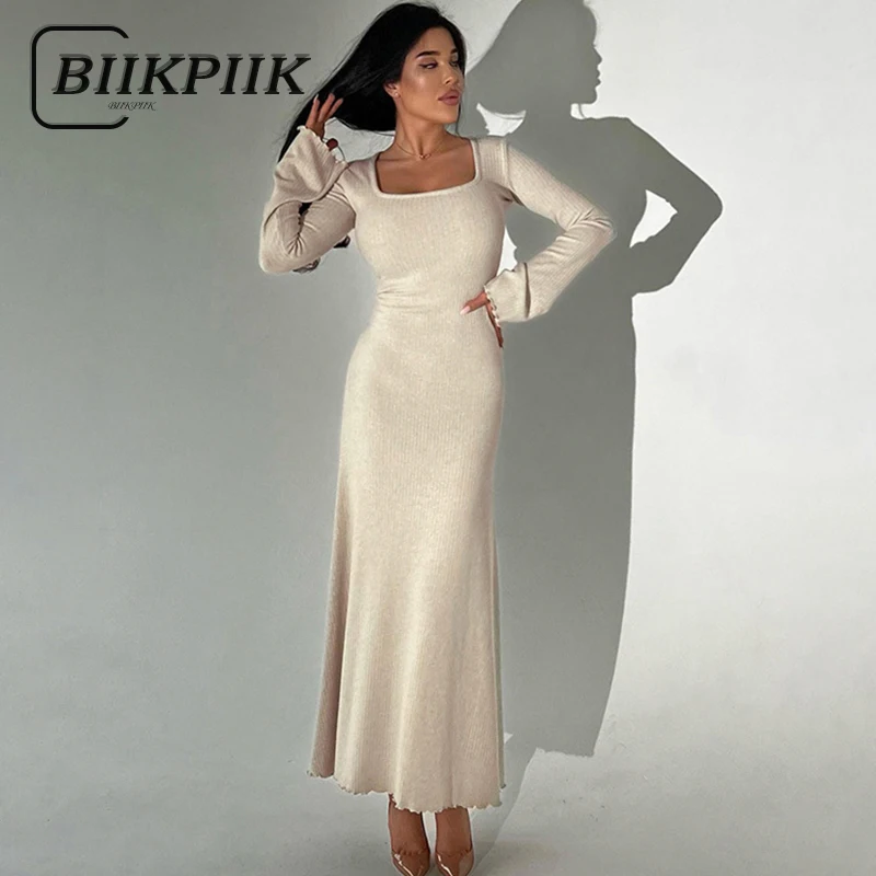 

BIIKPIIK Solid Square Collar Flare Sleeve Lady Dress Elegant Concise Knitted Maxi Dresses Casual Gown Party Autumn Winter Outfit