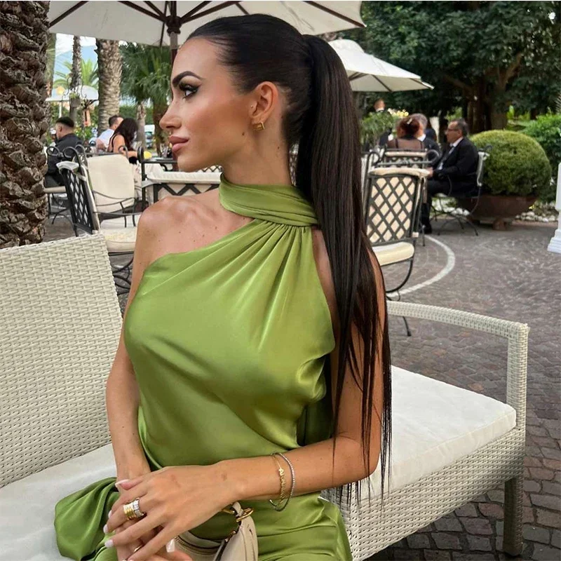 Women Satin Ribbon Halter Party Evening Dress Women Elegant Backless Off Shoulder Sleeveless Long Dresses Fashion Lady Robes