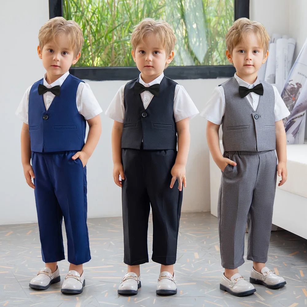 

Children's Spring/Summer Vest Suit Set Boys Hosting Piano Performance Birthday Party Wedding Costume Kids Waistcoat Pants Bowtie