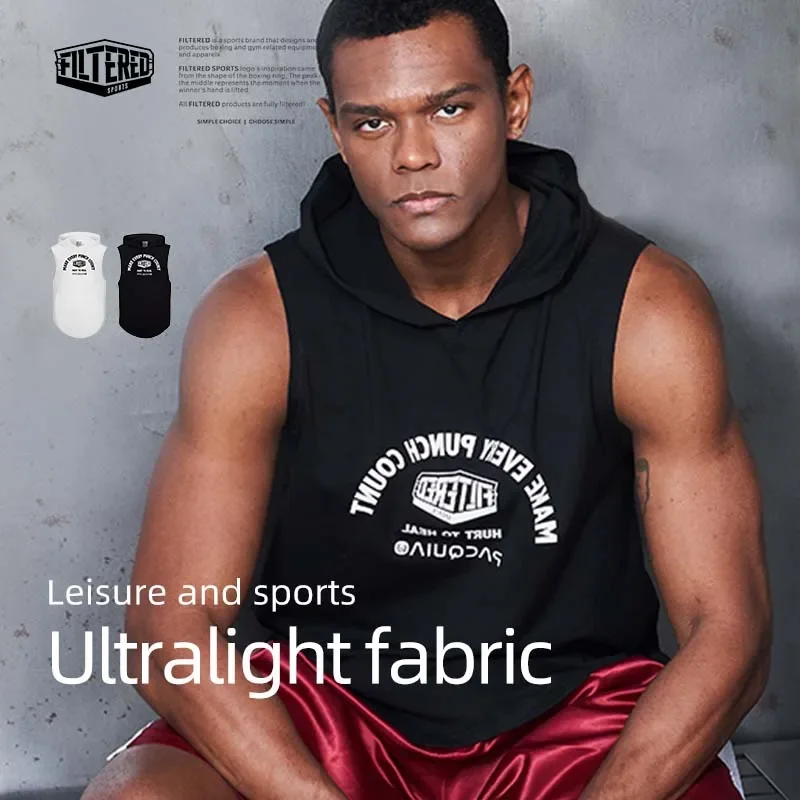 Men's Cotton Boxing Sleeveless Hoodie Bodybuilding Workout Tank Tops Muscle Fitness Shirts