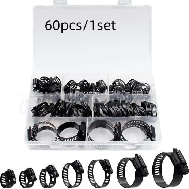 

60Pcs 1Set Clamps Stainless Steel Adjustable 6-38mm Range Worm Gear Black Hose Clamps Kit Clamps for Woodworking Spring Clamp