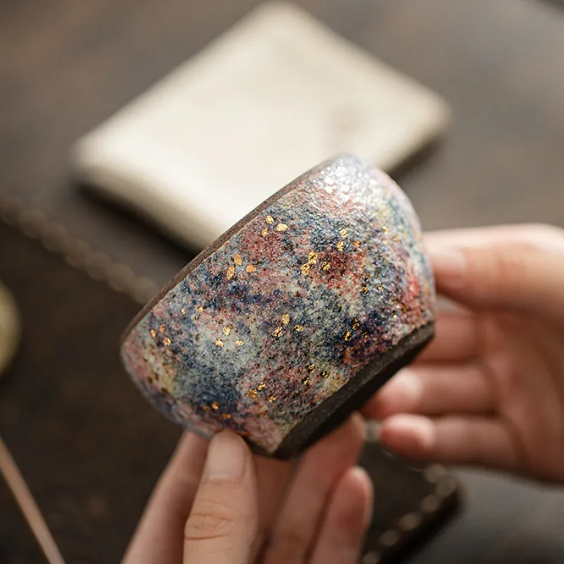 100ML Ancient Long Kiln Rock Mine Ceramic Park Cup Handmade Gold Pointing Meditation Teacup Tasting Master Tea Bowl Mug Gift Box