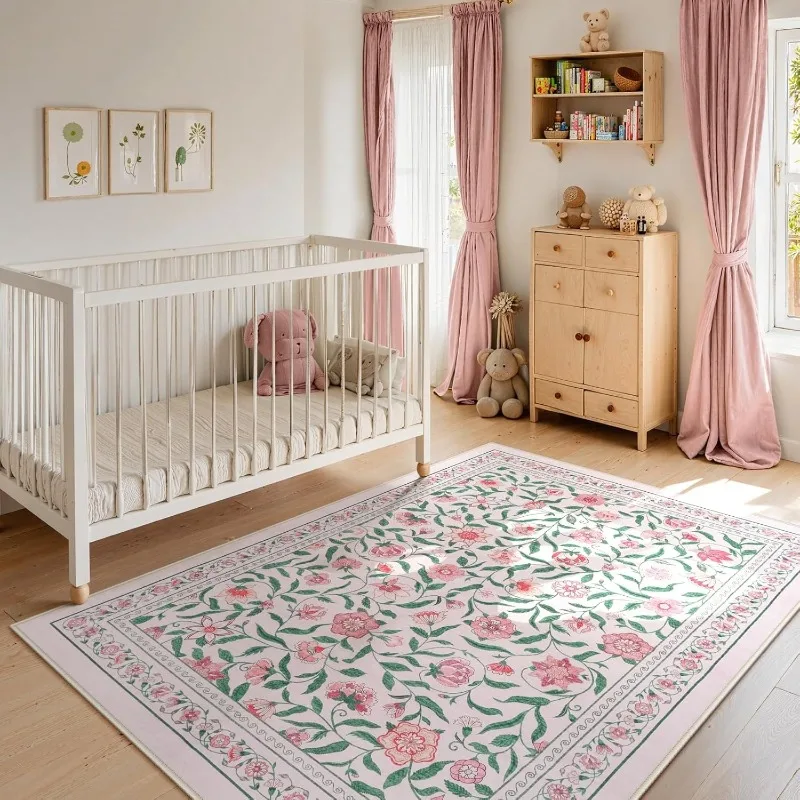 Green Living Room Carpet Large Area Retro Light Luxury Floral Print Bedroom Rug Machine Washable Foldable Coffee Table Mat Ковер